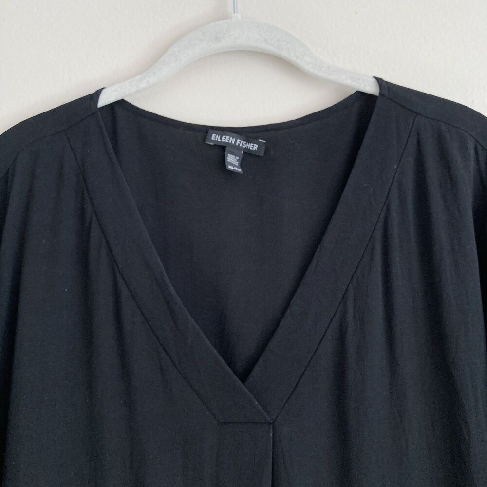 Eileen Fisher Black 100% Silk V-Neck Boxy Top Blouse Size XL Lagenlook Womens - Picture 2 of 7